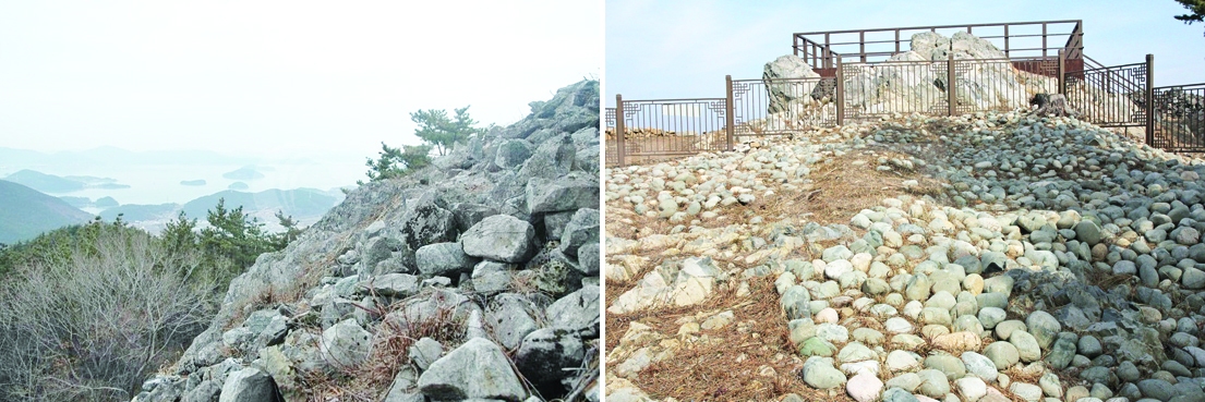 둔덕기성을 둘러싼 석벽(사진 왼쪽)과 성내 농성 시 방어용 투석재로 사용된 석환