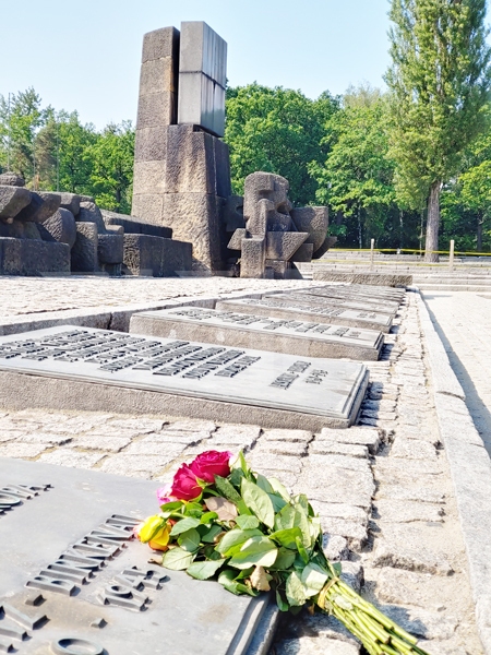 폴란드 아우슈비츠 제2수용소인 비르케나우 수용소 내에 있는 위령탑. 누군가 희생자들을 추모하기 위해 장미꽃을 가져다놨다.