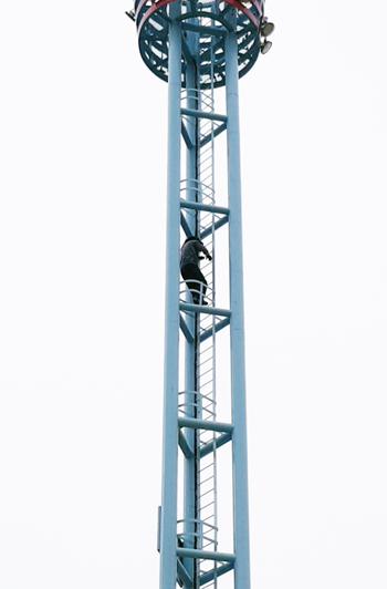 지난달 28일 새벽부터 40m 조명탑에서 공공농성을 벌이던 대우조선하청노동자조직위원회 강병재 의장이 농성 7일만에 내려오고 있다.