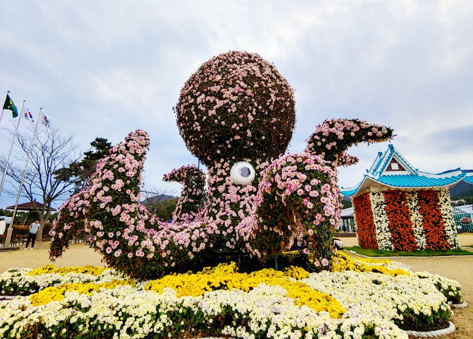올해 거제섬꽃축제는 가을꽃전시회로 축소 운영된다. 사진은 지난해 섬꽃축제 당시 전시됐던 국화 조형물들.