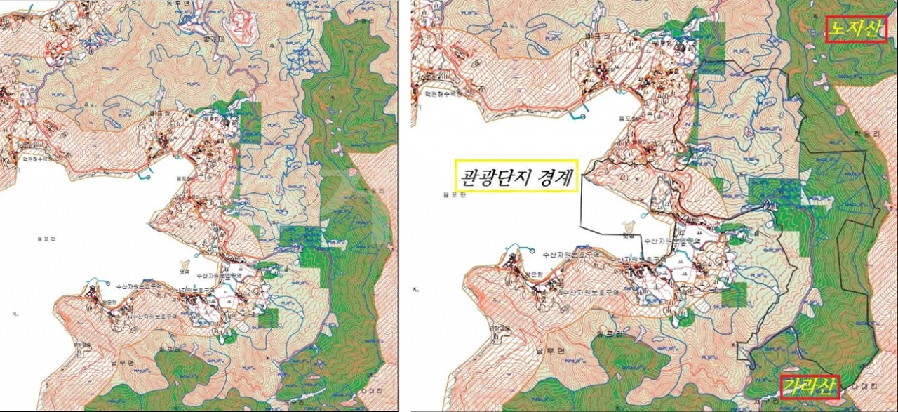 생태자연도(사진 왼쪽)와 관광단지 경계표시.