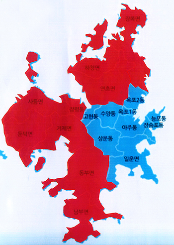 거제지역 18개 면동 중에서 빨간색 부분이 상동반대 연대투쟁 합의 지역이다.