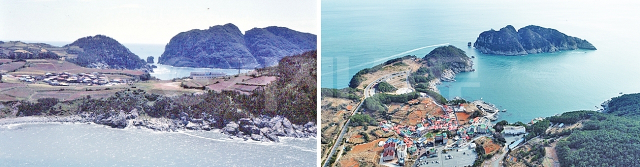 사진 왼쪽은 1970년대 후반 거제시 남부면 갈곶마을이며, 사진 오른쪽은 최근 갈곶마을 모습이다. 명승2호 해금강의 명성은 온데간데 없고 빈집만 늘고 있다.