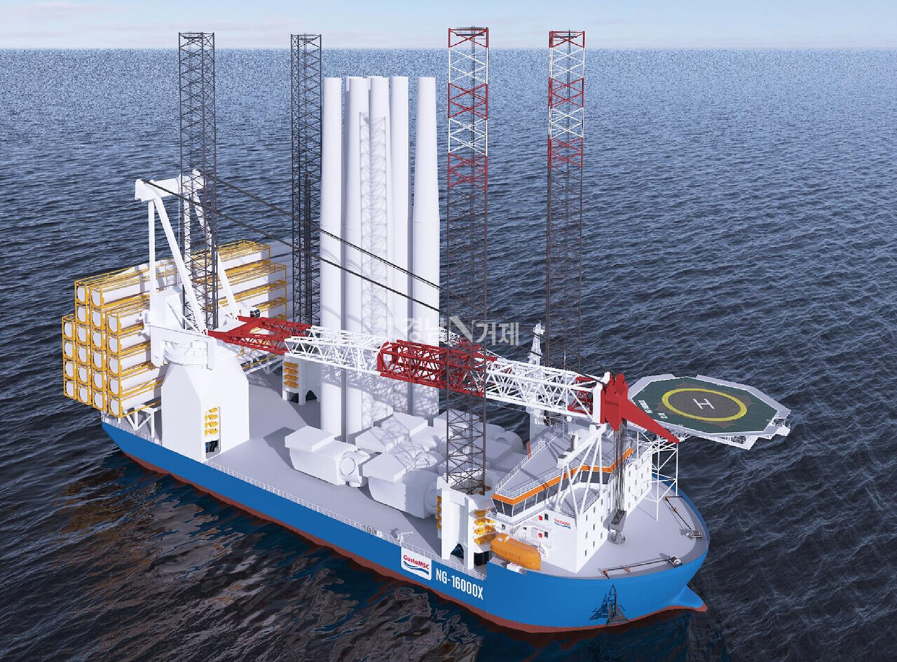대우조선해양이 이번에 수주한 대형 해상풍력발전기 설치선 ‘NG-16000X’ 디자인 조감도.